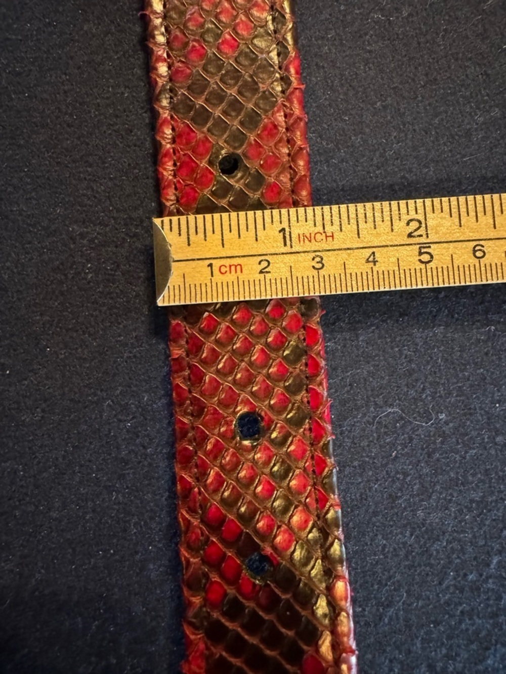 Italian Red Snakeskin Textured Leather Belt with Brass Buckle Sz M - Picture 10 of 10